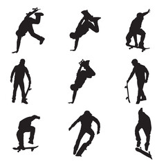 Male athlete on skateboard set. Black silhouette of a skateboarder on a white background