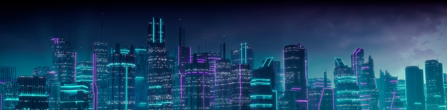 Cyberpunk Metropolis with Purple and Cyan Neon lights. Night scene with Futuristic Superstructures.