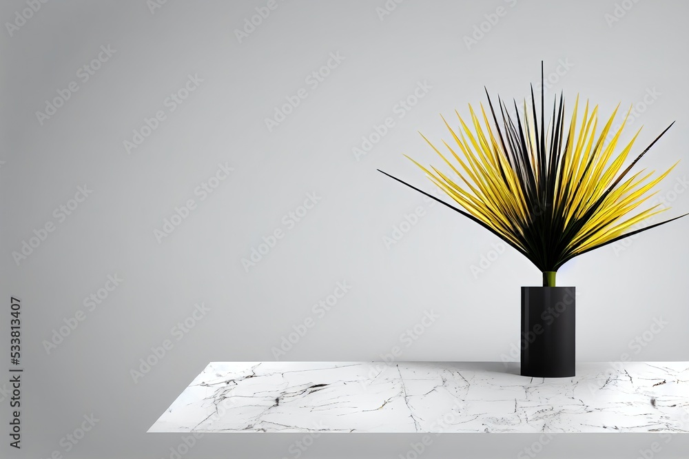 Poster realistic 3d render blank empty space on round white marble table with sunlight and dry grass pampas