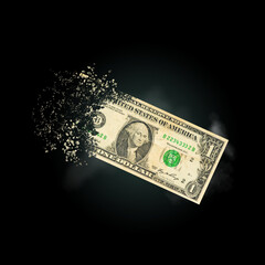 one dollar bills scattered in the air. money inflation concept. the disappearance of banknotes,...