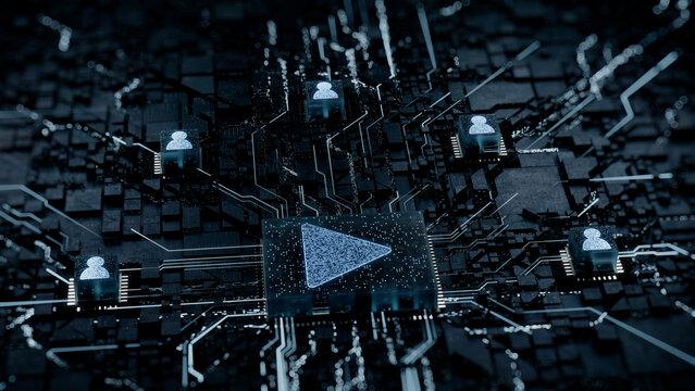 Media Technology Concept with play symbol on a Microchip. White Neon Data flows between Users and the CPU across a Futuristic Motherboard. 3D render.
