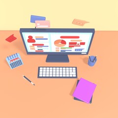 3D Illustration of workspace. 3D rendering of workspace with pc screen illustration.