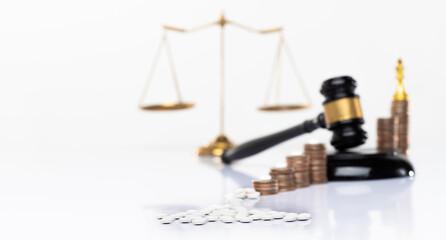 Investigate investment finance management to stop problem of drug money laundering with authority legal justice system. Stack money coin grow and gavel stop with strategy, white background copy space