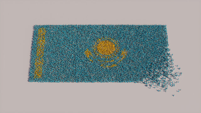 A Crowd of People congregating to form the Flag of Kazakhstan. Kazakhstani Banner on White.