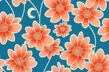 Obraz premium Summer floral bouquet seamless pattern in pastel orange and blue colors. Illustrated floral texture for vintage fabric design. Fashionable repeated background.