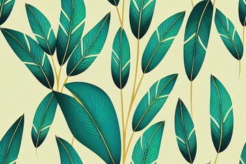 Tropical seamless pattern with beautiful palm, banana leaves. Hand drawn vintage 3D illustration. Glamorous exotic abstract background design. Good for luxury wallpapers, cloth, fabric printing, goods