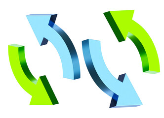 Double reverse arrow. ECO recycling concept. Green blue icon isolated on white. Double reverse arrow for interface design. Volumetric arrows pointing in different directions. 3d rendering.