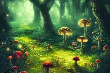 Fototapeta na wymiar Fantasy magical Mushrooms glade and ladybug in enchanted fairy tale dreamy elf Forest, fabulous fairytale deep dark wood and moon rays in night, mysterious nature background