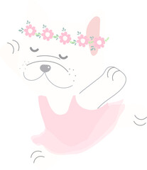 cute french bulldog ballerina dance in pink dress