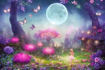 Fantasy Magical Enchanted Fairy Tale Dreamy Elf Forest with Fabulous Fairytale Blooming pink Rose Flower Garden and Butterflies on Mysterious Background, Shiny Glowing Stars and Moon Rays in Night