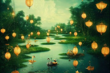Enchanted pond with lanterns and swans. High quality illustration