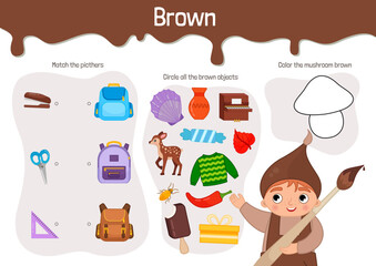 Vector educational material for children. Worksheet study brown color. Cartoon illustration of a cute boy in brown clothes.
