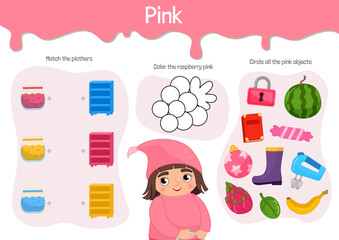 Vector educational material for children. Worksheet study pink color. Cartoon illustration of a cute girl in pink clothes.
