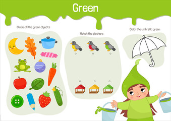 Naklejka premium Vector educational material for children. Worksheet study green color. Cartoon illustration of a cute girl in green clothes with a brush in hand. 
