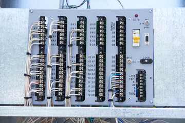Electric control panel. The wires are connected to residual current circuit breakers and voltage...