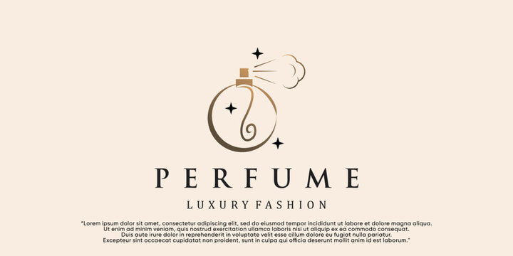 Feminine beauty perfume logo template. creative linear style fragrance, spray bottle, luxury design Premium Vector