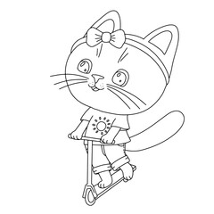 Cute kitty girl Character Riding Scooter. Lovely smiling little kid cat. Vector outline illustration isolated on white background for coloring book