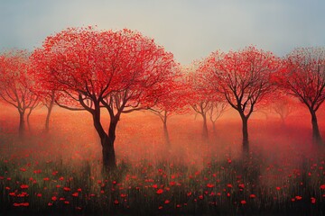 Magic tree with lanterns on a poppy meadow High quality illustration