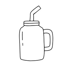 Doodle glass mug with lid and straw isolated on white background.