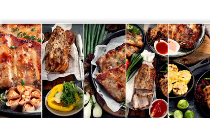 Collage made of grilled pork meat with vegetables.