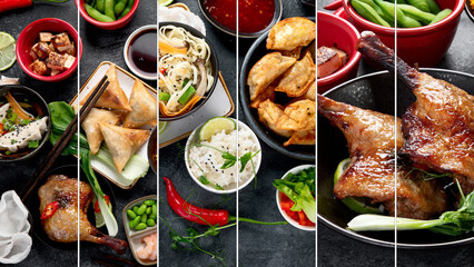 Collage made of assorted Chinese dishes and snacks.