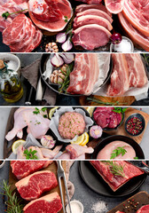 Collage made of different raw meat.