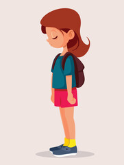 
Unhappy Student Girl Wearing Her Backpack Vector Cartoon. Stressed little child going back to school feeling sad
