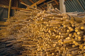 Piles of young and small pieces of bamboo that will be processed into bamboo handicraft products in...