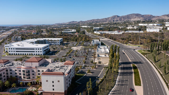 Aerial view of the downtown area of Foothill Ranch in Lake Forest, California, USA.