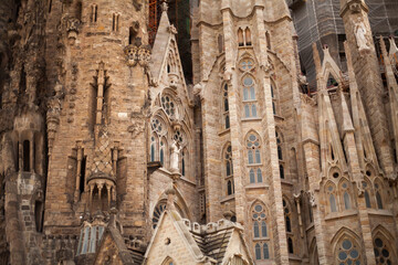 Telephoto shot of a Facade of the Sacred Family Temple Church (sagrada Familia)