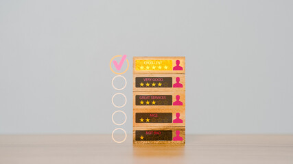 Customer are choosing wood block with 5 star icon to give satisfaction in service. Testimonial rating very impressed. Feedback rating and positive customer review experience.