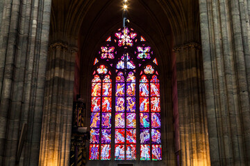 tinted church windows in the prague cathedral, pink, art, old, religion,