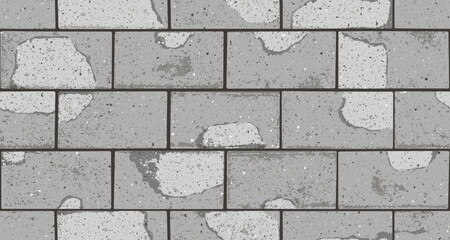 Seamless pattern of pavement with interlocking textured cracked old bricks. Vector pathway texture top view. Outdoor concrete slab sidewalk. Cobblestone footpath or patio. Concrete block floor