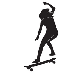 Black silhouette of skateboarder. Skateboard girl. Skateboarding trick ollie. Jump on skateboard. Vector illustration. Silhouette of a cute girl with long hair, with skateboard.