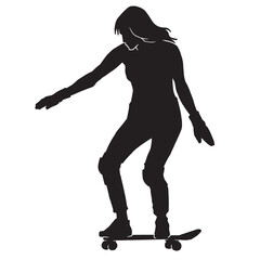Fototapeta na wymiar Black silhouette of skateboarder. Skateboard girl. Skateboarding trick ollie. Jump on skateboard. Vector illustration. Silhouette of a cute girl with long hair, with skateboard.