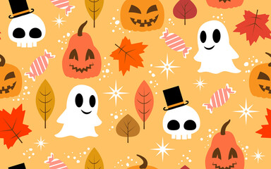 Halloween seamless design pattern with ghost, skull, pumpkin, candy and leaves