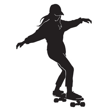 recommend clip art: Black silhouette of skateboarder. Skateboard girl. Skateboarding trick ollie. Jump on skateboard. Vector illustration. Silhouette of a cute girl with long hair, with skateboard.