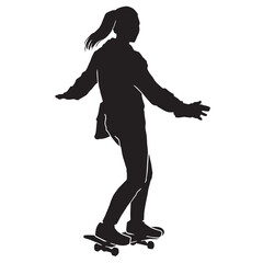 Black silhouette of skateboarder. Skateboard girl. Skateboarding trick ollie. Jump on skateboard. Vector illustration. Silhouette of a cute girl with long hair, with skateboard.