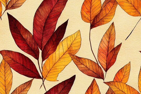 Hand drawn autumn brown leaves leaves repeat seamless watercolor boarder