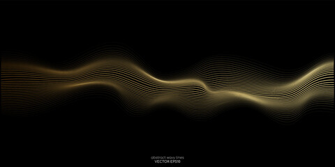 Vector wave lines smooth flowing dynamic gold gradient light isolated on black background for concept of luxury, technology, digital, communication, science, music