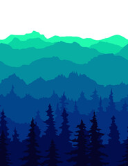 Seamless pattern of colored blue gradient mountains with pine trees. Vector illustration isolated on white.