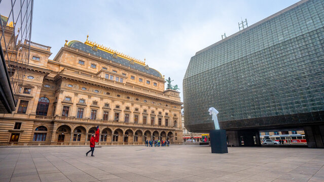 National Theatre near Namesti Vaclava Havla , Cultural institution and historic buildings in Prague old town during winter : Prague , Czech  : December 12 , 2019
