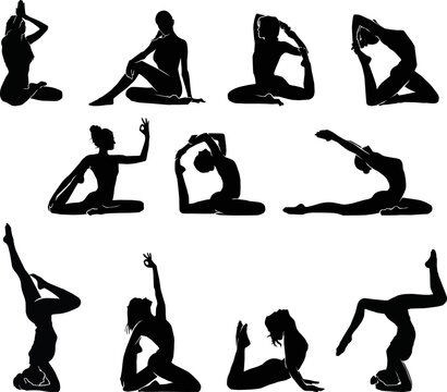 Silhouettes Woman Costume Practicing Yoga Stretching Stock Vector (Royalty  Free) 645073309