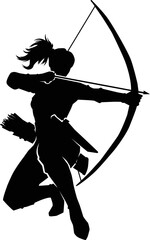 Archer Silhouette, Female Warrior Character Design. Silhouette girl archer elf in a dynamic graceful jump pulls an arrow ready to shoot, she has a patterned bow, leather armor.