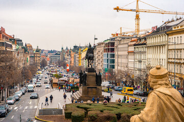 Wenceslas Square , National Museum in Prague , Historic and romantic old town along Vltava River during winter  . Prague , Czech  : December 12 , 2019