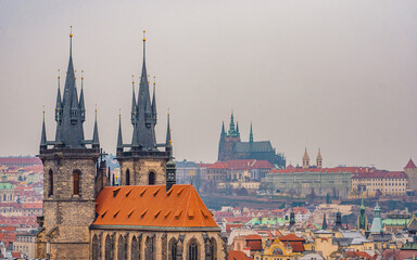 Rooftop view from Powder Tower , Gothic tower near Municipal House in Prague old town  during...