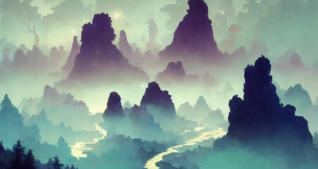 Majestic Land with Mountain Fog Sun and Forest River. Fantasy Backdrop Concept Art Realistic Illustration Video Game Background Digital Painting CG Artwork Scenery Artwork Serious Book Illustration

