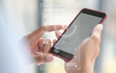Close-up of hand using smartphone for online shopping hologram, hologram concept of online shopping and payment.