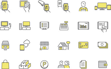 キャッシュレス決済とセルフレジのアイコン QRコード POS タブレット