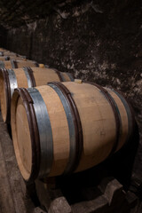 Stages of wine production from fermentation to bottling, visit to wine cellars in Burgundy, France. Aging in wooden barrels.
